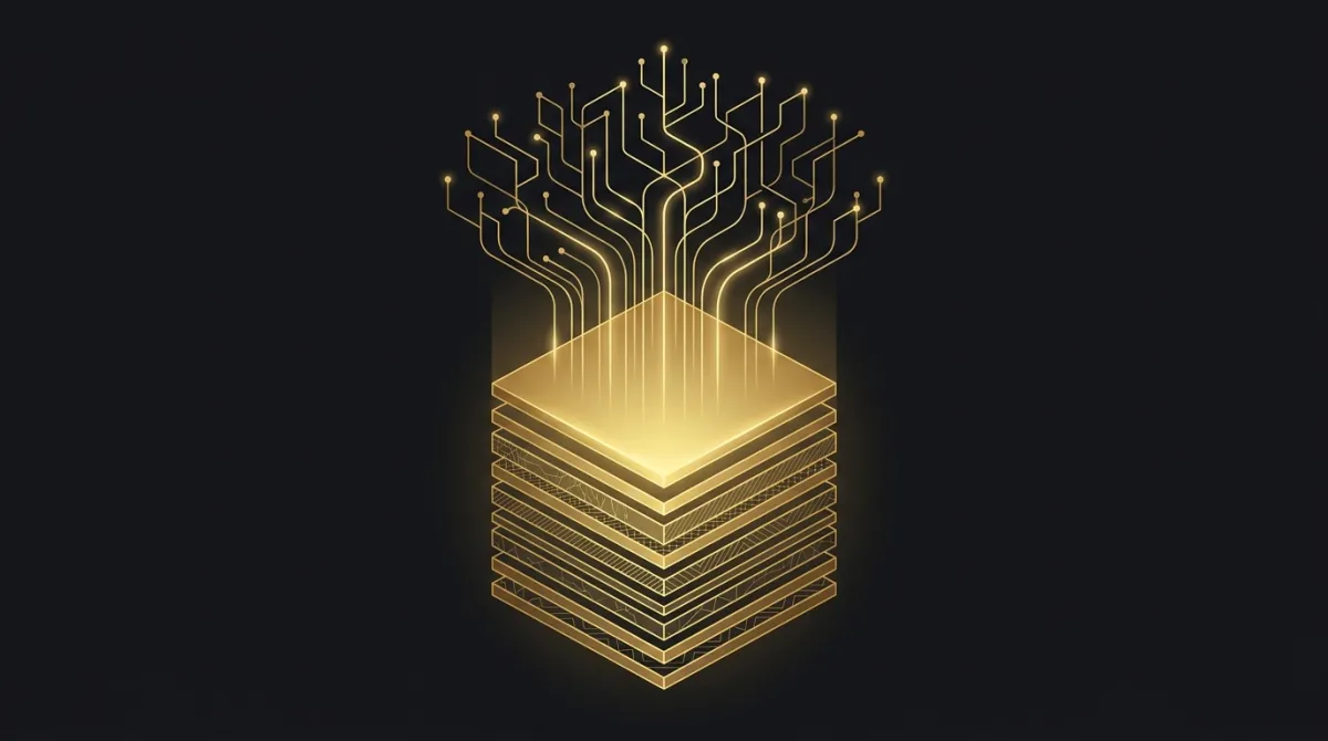 Abstract gold layered data strata refined into rising streams of intelligence