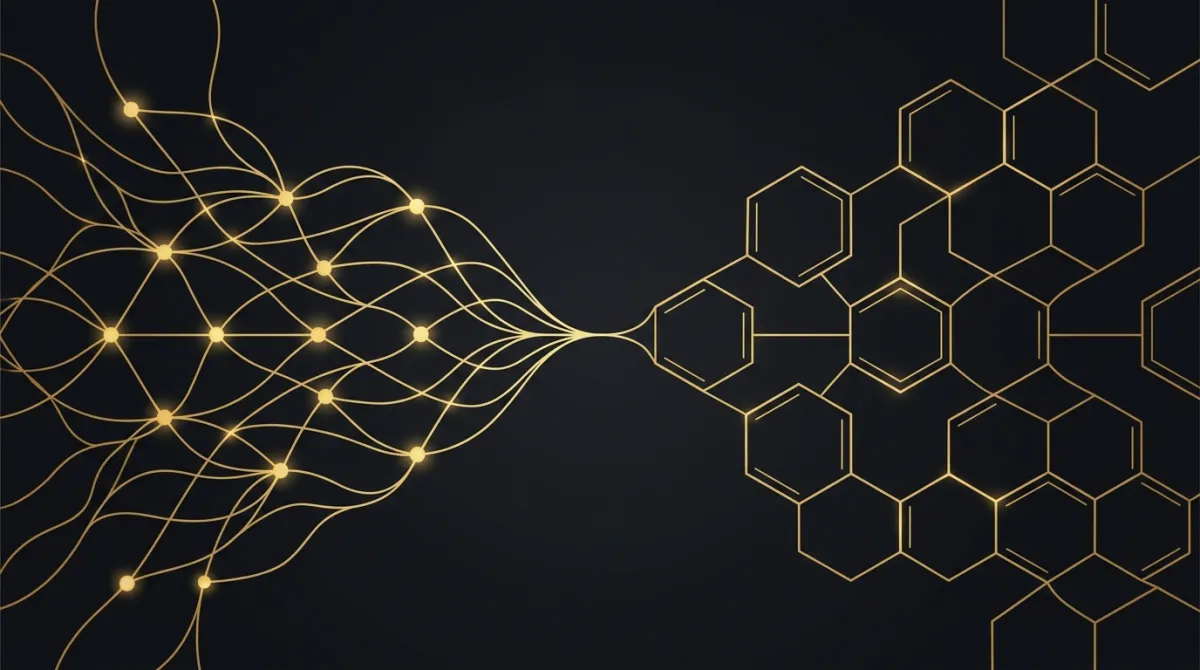 Abstract gold network flowing into a hexagonal lattice, representing a human and AI operating model
